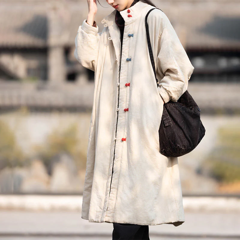 Cappotto termico invernale da donna in cotone ramiè con bottoni a rana e maniche lunghe, con tasche, Buddha Stones
