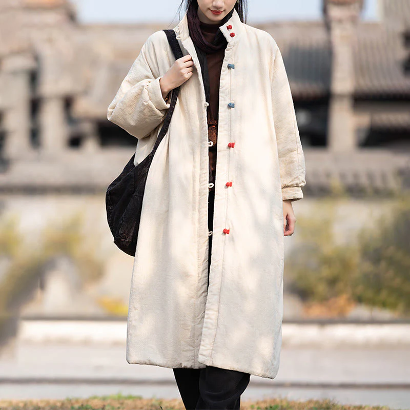 Cappotto termico invernale da donna in cotone ramiè con bottoni a rana e maniche lunghe, con tasche, Buddha Stones - Image 3