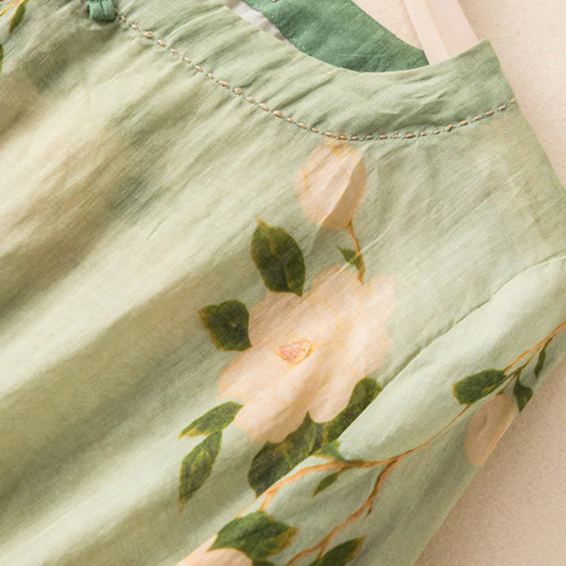 Camicia da donna a maniche lunghe in cotone e lino, verde chiaro, casual, con stampa artistica e motivo floreale, design con bottoni a forma di rana cinese Buddha Stones. - Image 5