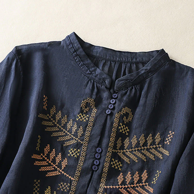 Camicia da donna a maniche a tre quarti in cotone e lino con ricamo artistico a Buddha Stones . - Image 10