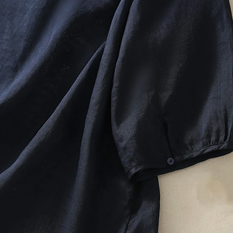 Camicia da donna a maniche a tre quarti in cotone e lino con ricamo artistico a Buddha Stones . - Image 14