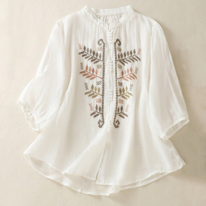Camicia da donna a maniche a tre quarti in cotone e lino con ricamo artistico a Buddha Stones . - Image 15
