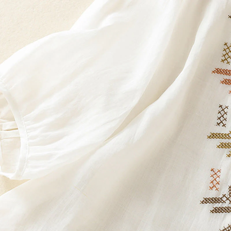 Camicia da donna a maniche a tre quarti in cotone e lino con ricamo artistico a Buddha Stones . - Image 18