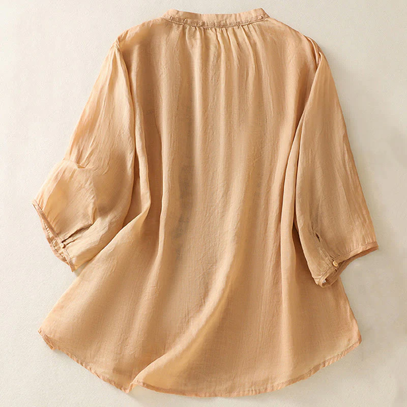 Camicia da donna a maniche a tre quarti in cotone e lino con ricamo artistico a Buddha Stones . - Image 2