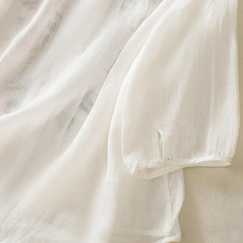Camicia da donna a maniche a tre quarti in cotone e lino con ricamo artistico a Buddha Stones . - Image 20