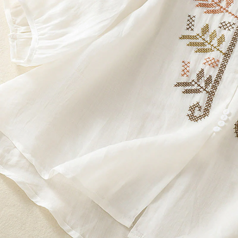 Camicia da donna a maniche a tre quarti in cotone e lino con ricamo artistico a Buddha Stones . - Image 21