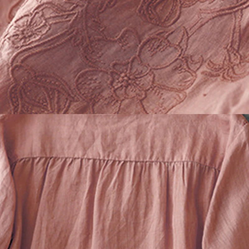 Camicia da donna a maniche corte in cotone con ricamo artistico a tinta unita e bottoni frontali, con motivo Buddha Stones. - Image 10