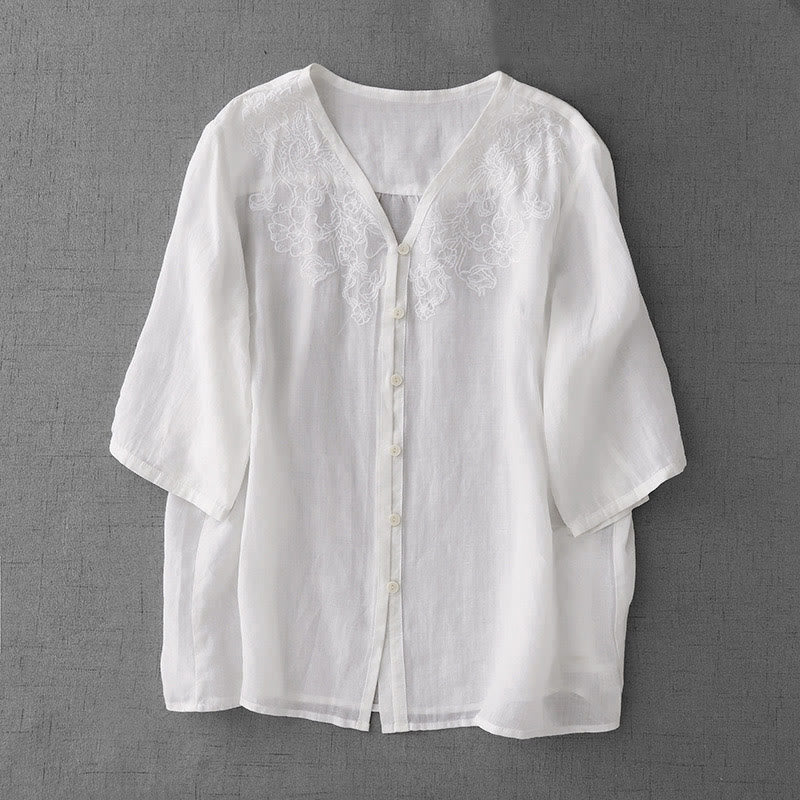 Camicia da donna a maniche corte in cotone con ricamo artistico a tinta unita e bottoni frontali, con motivo Buddha Stones. - Image 12