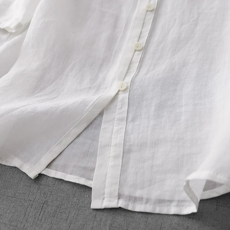 Camicia da donna a maniche corte in cotone con ricamo artistico a tinta unita e bottoni frontali, con motivo Buddha Stones. - Image 14