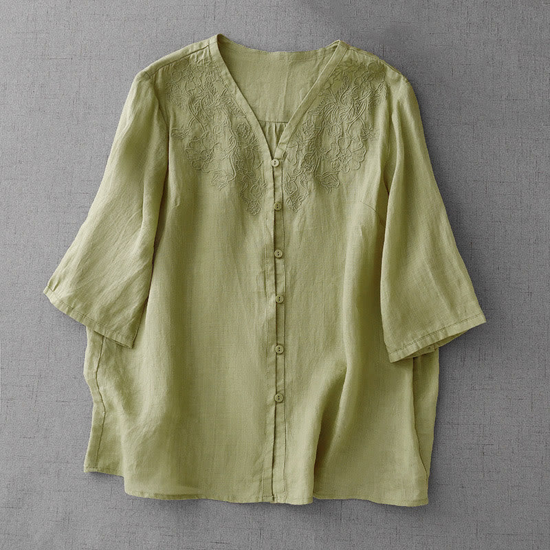 Camicia da donna a maniche corte in cotone con ricamo artistico a tinta unita e bottoni frontali, con motivo Buddha Stones. - Image 17