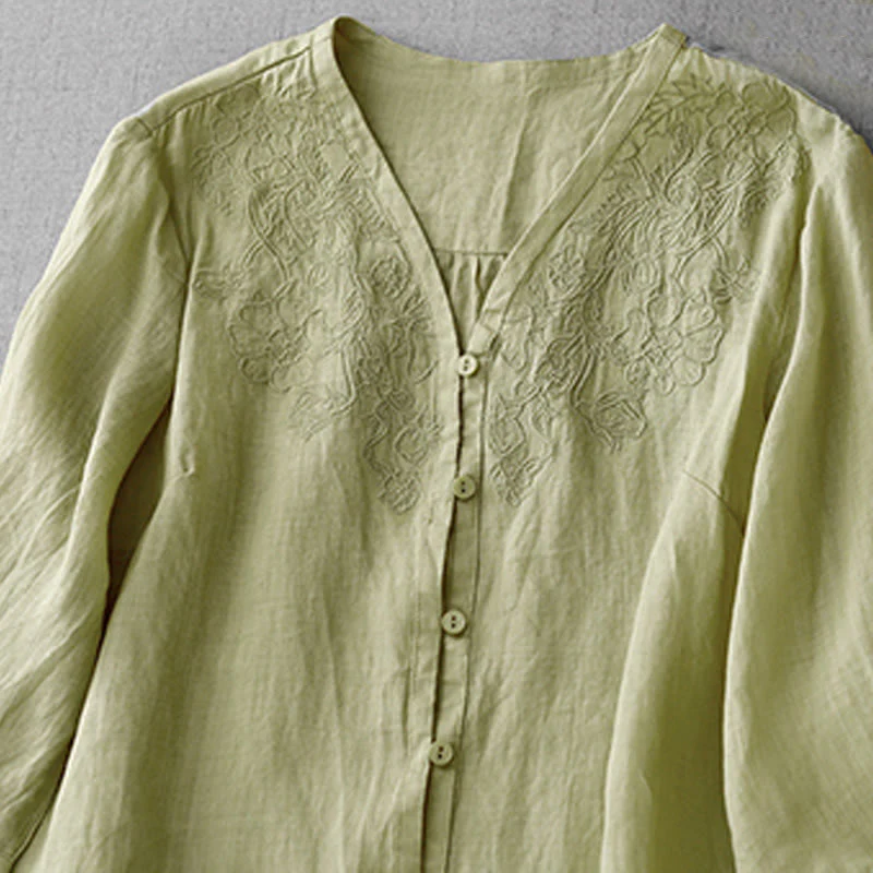 Camicia da donna a maniche corte in cotone con ricamo artistico a tinta unita e bottoni frontali, con motivo Buddha Stones. - Image 18