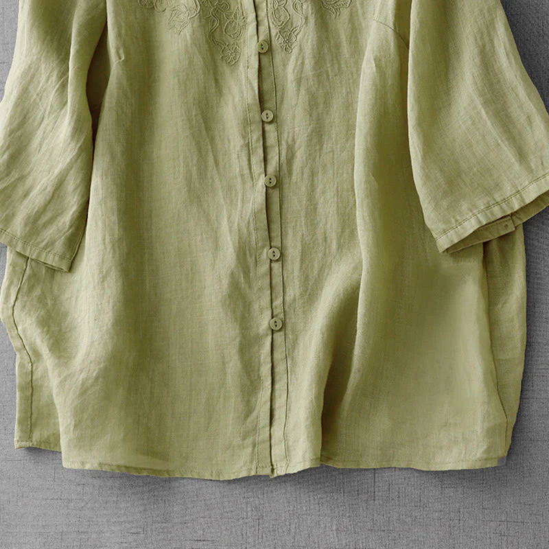 Camicia da donna a maniche corte in cotone con ricamo artistico a tinta unita e bottoni frontali, con motivo Buddha Stones. - Image 19