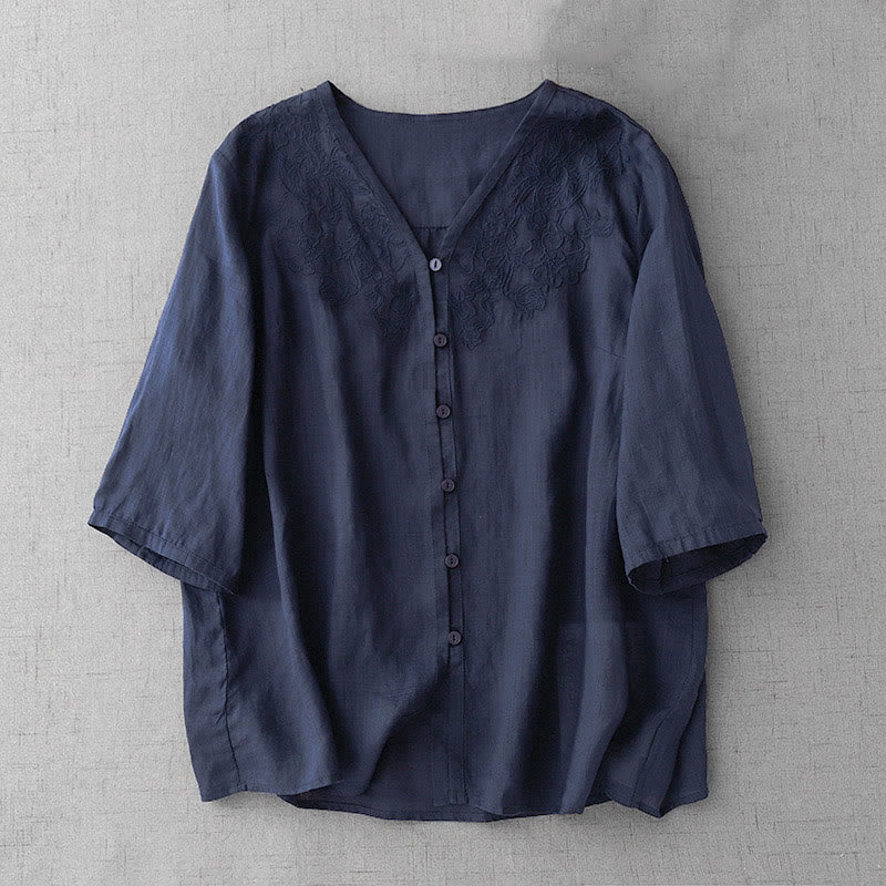 Camicia da donna a maniche corte in cotone con ricamo artistico a tinta unita e bottoni frontali, con motivo Buddha Stones. - Image 23