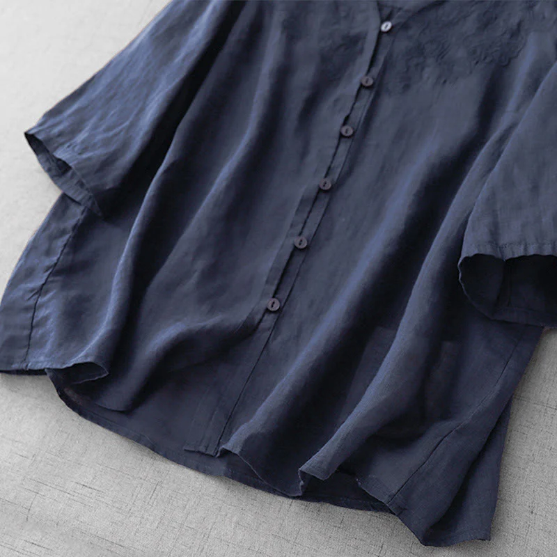 Camicia da donna a maniche corte in cotone con ricamo artistico a tinta unita e bottoni frontali, con motivo Buddha Stones. - Image 25
