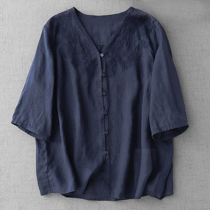 Camicia da donna a maniche corte in cotone con ricamo artistico a tinta unita e bottoni frontali, con motivo Buddha Stones. - Image 27