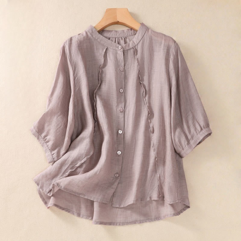 Camicia da donna a maniche a tre quarti in cotone e lino con bottoni, design a volant e stampa Buddha Stones, casual e semplice.