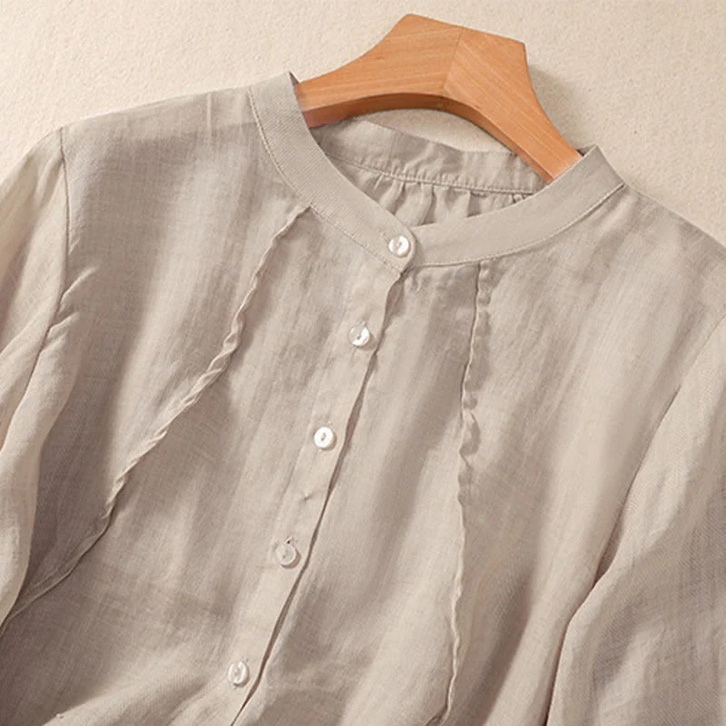 Camicia da donna a maniche a tre quarti in cotone e lino con bottoni, design a volant e stampa Buddha Stones, casual e semplice. - Image 10