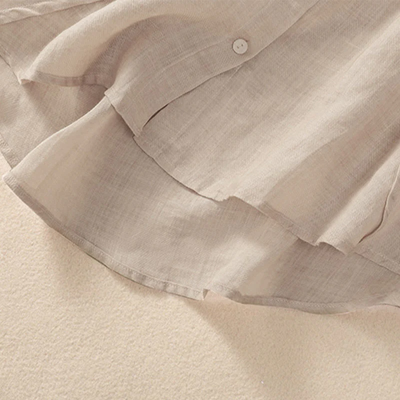 Camicia da donna a maniche a tre quarti in cotone e lino con bottoni, design a volant e stampa Buddha Stones, casual e semplice. - Image 14