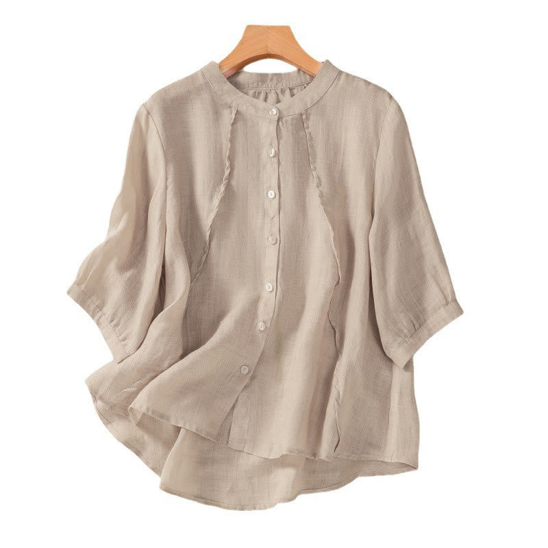 Camicia da donna a maniche a tre quarti in cotone e lino con bottoni, design a volant e stampa Buddha Stones, casual e semplice. - Image 15
