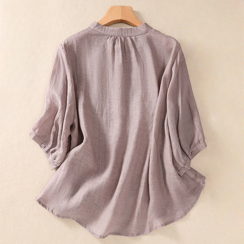 Camicia da donna a maniche a tre quarti in cotone e lino con bottoni, design a volant e stampa Buddha Stones, casual e semplice. - Image 2