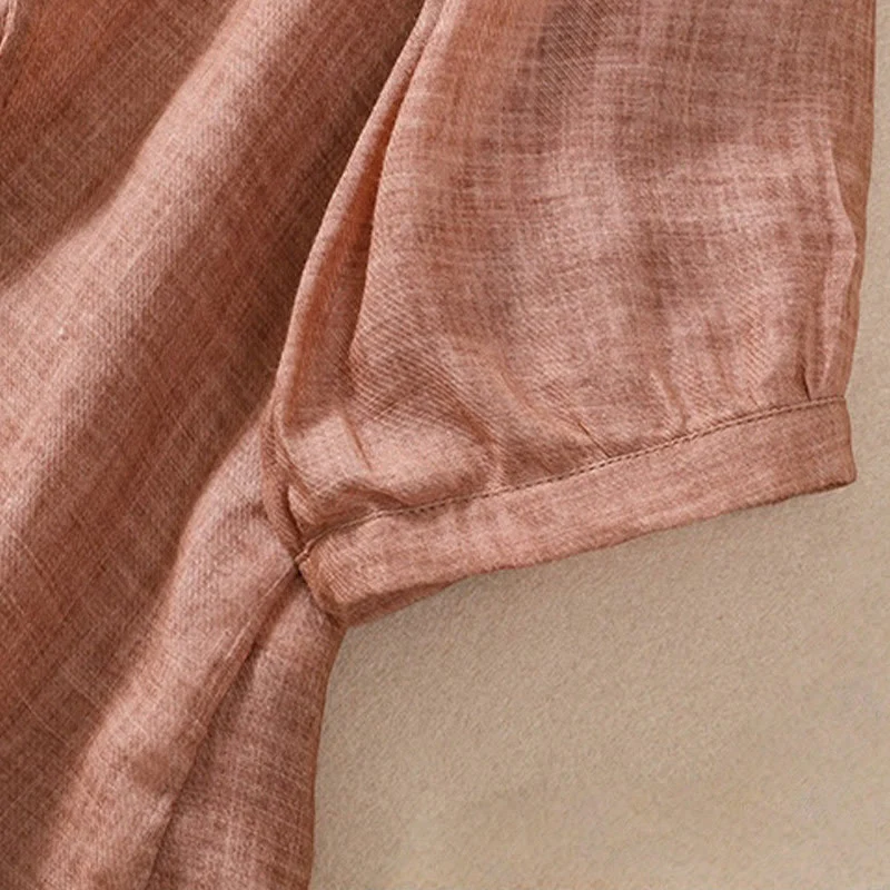 Camicia da donna a maniche a tre quarti in cotone e lino con bottoni, design a volant e stampa Buddha Stones, casual e semplice. - Image 22