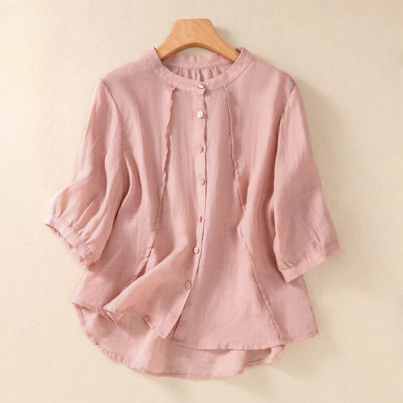 Camicia da donna a maniche a tre quarti in cotone e lino con bottoni, design a volant e stampa Buddha Stones, casual e semplice. - Image 24