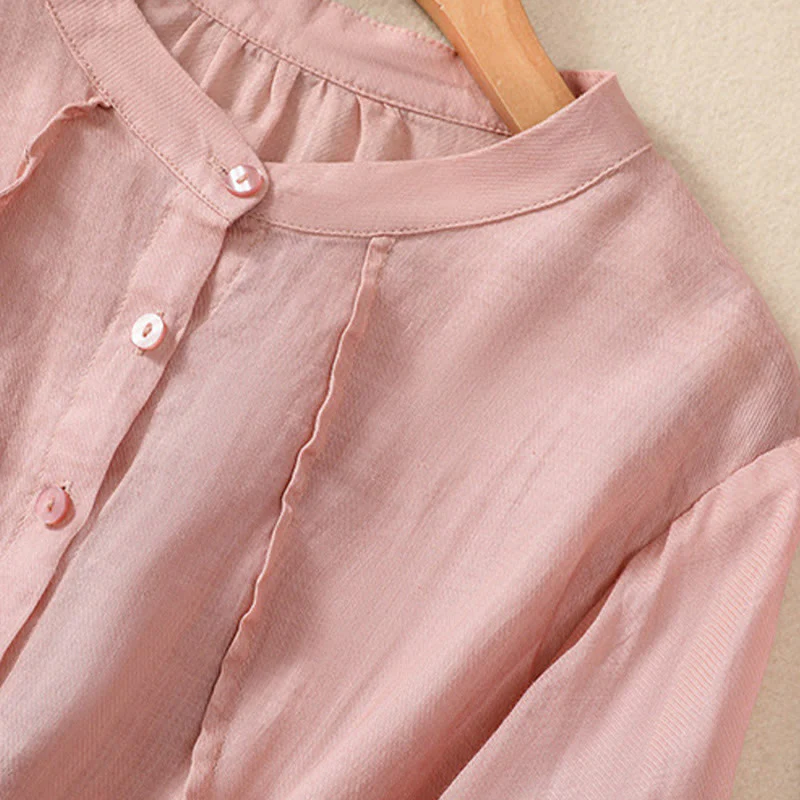 Camicia da donna a maniche a tre quarti in cotone e lino con bottoni, design a volant e stampa Buddha Stones, casual e semplice. - Image 26
