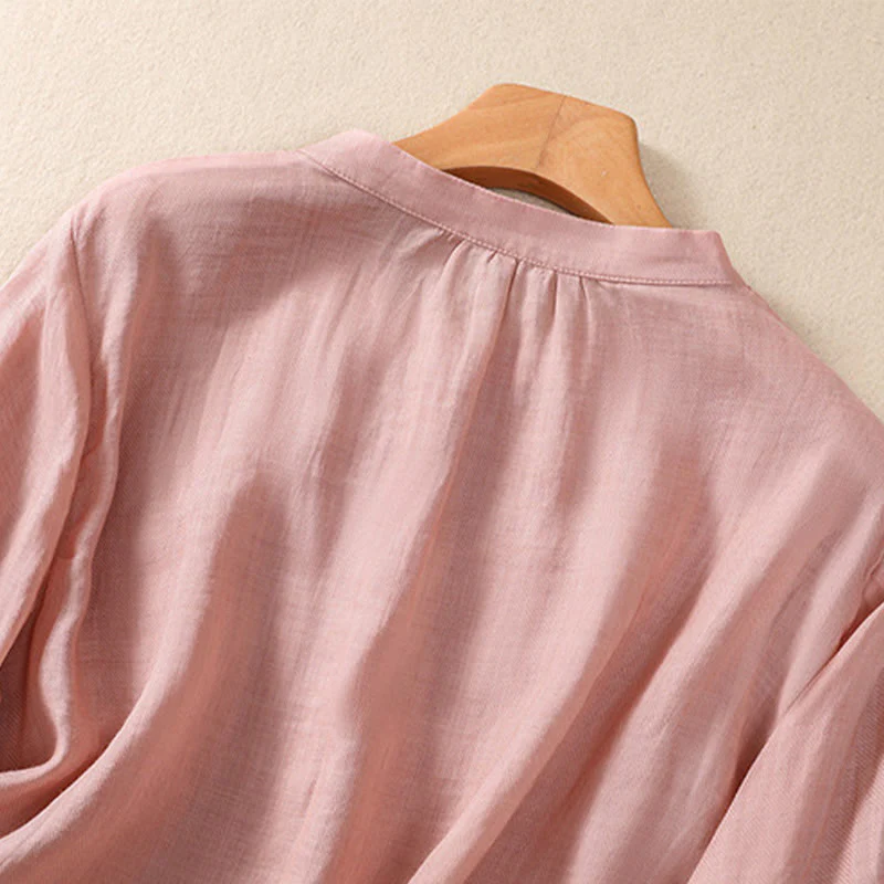 Camicia da donna a maniche a tre quarti in cotone e lino con bottoni, design a volant e stampa Buddha Stones, casual e semplice. - Image 27