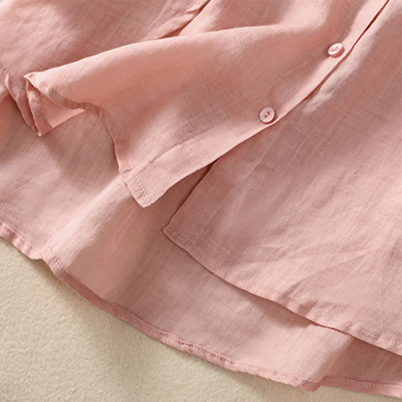 Camicia da donna a maniche a tre quarti in cotone e lino con bottoni, design a volant e stampa Buddha Stones, casual e semplice. - Image 31