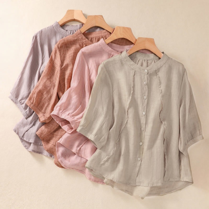 Camicia da donna a maniche a tre quarti in cotone e lino con bottoni, design a volant e stampa Buddha Stones, casual e semplice. - Image 33
