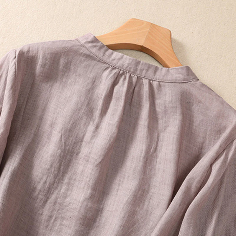 Camicia da donna a maniche a tre quarti in cotone e lino con bottoni, design a volant e stampa Buddha Stones, casual e semplice. - Image 4