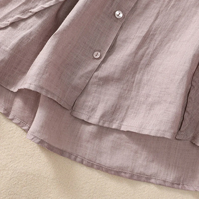 Camicia da donna a maniche a tre quarti in cotone e lino con bottoni, design a volant e stampa Buddha Stones, casual e semplice. - Image 7