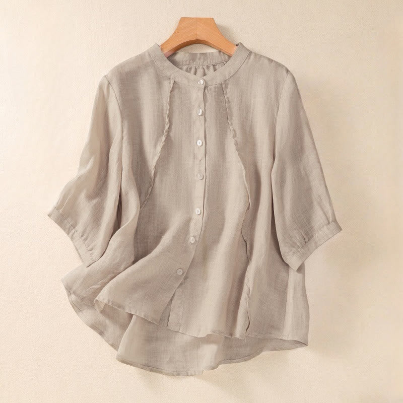 Camicia da donna a maniche a tre quarti in cotone e lino con bottoni, design a volant e stampa Buddha Stones, casual e semplice. - Image 8