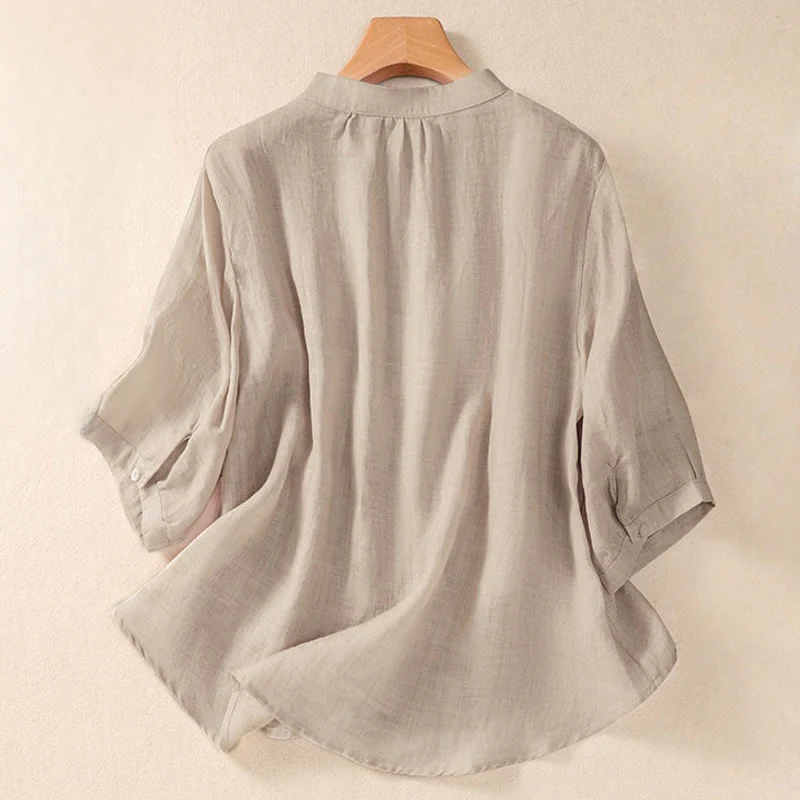 Camicia da donna a maniche a tre quarti in cotone e lino con bottoni, design a volant e stampa Buddha Stones, casual e semplice. - Image 9