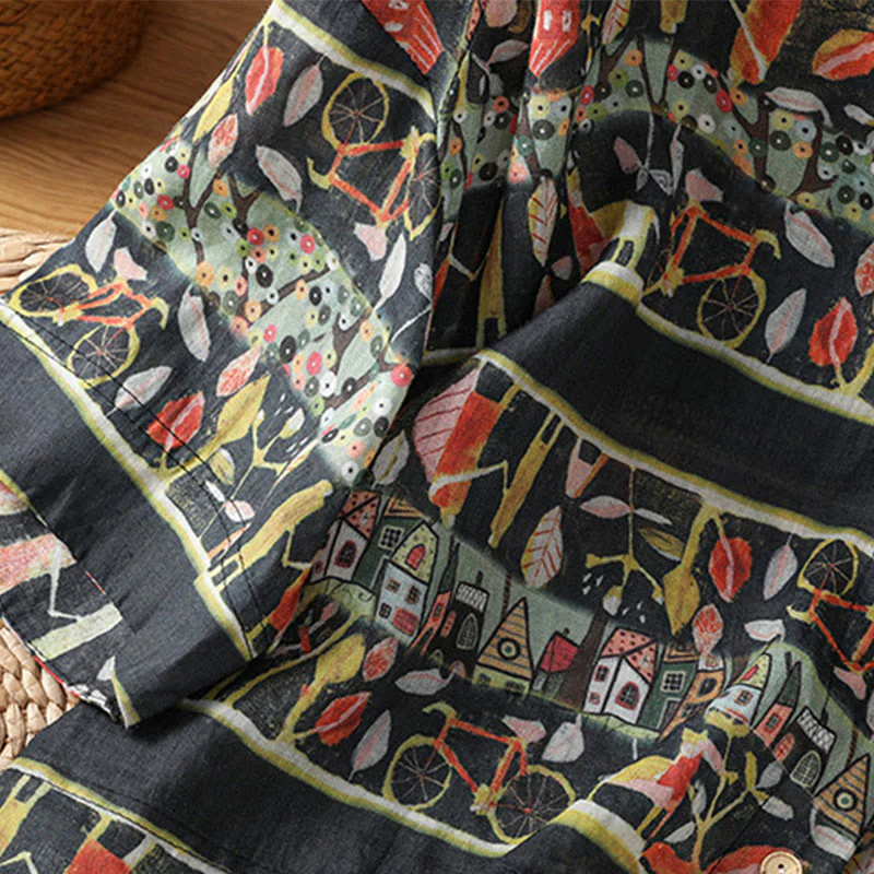 Camicia da donna a maniche a tre quarti in poliestere con scollo a V e stampa Buddha Stones piante, con bottoni. - Image 13