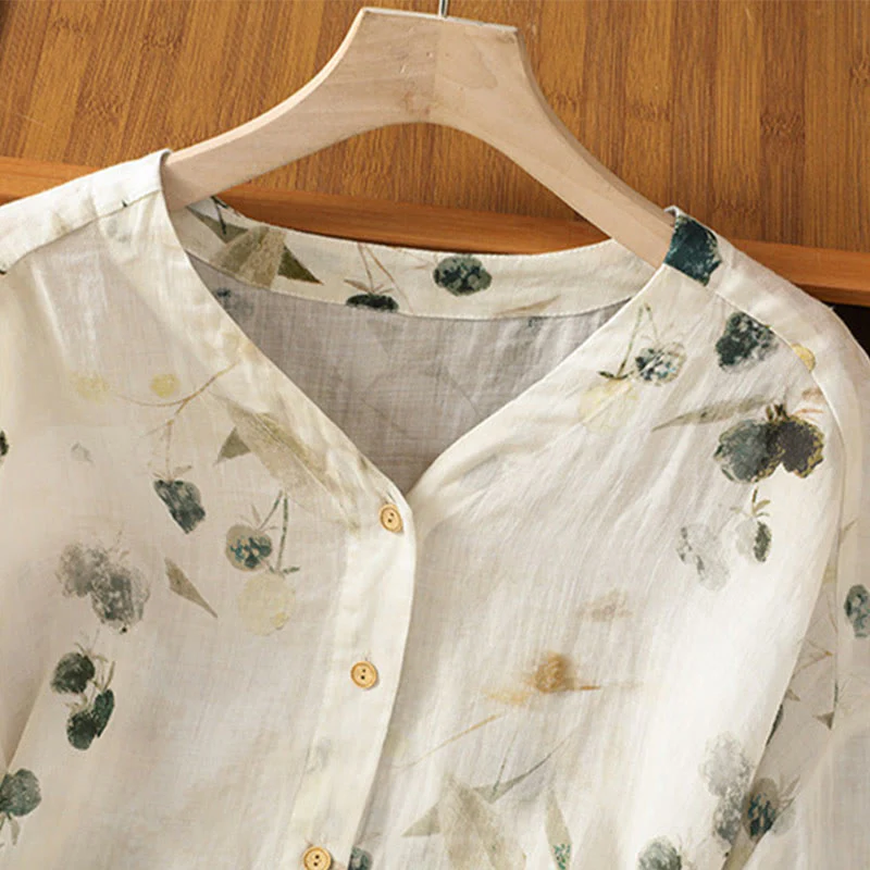 Camicia da donna a maniche a tre quarti in poliestere con scollo a V e stampa Buddha Stones piante, con bottoni. - Image 3
