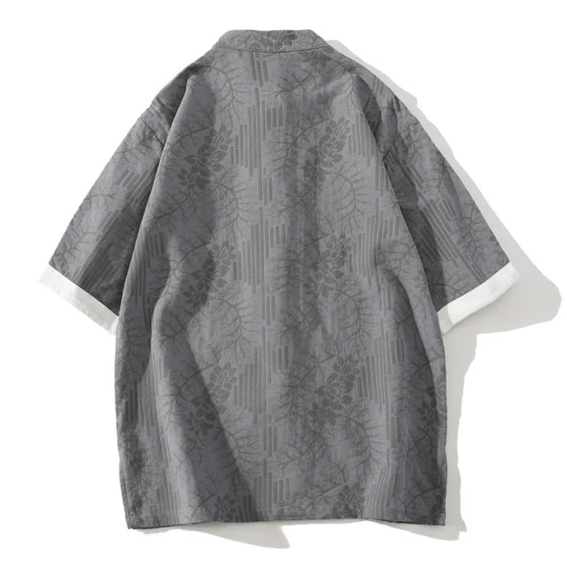 Camicia da uomo estiva casual in cotone a maniche corte con colletto alla coreana e motivo floreale jacquard Buddha Stones, chiusura con bottoni a rana e colore a contrasto. - Image 7