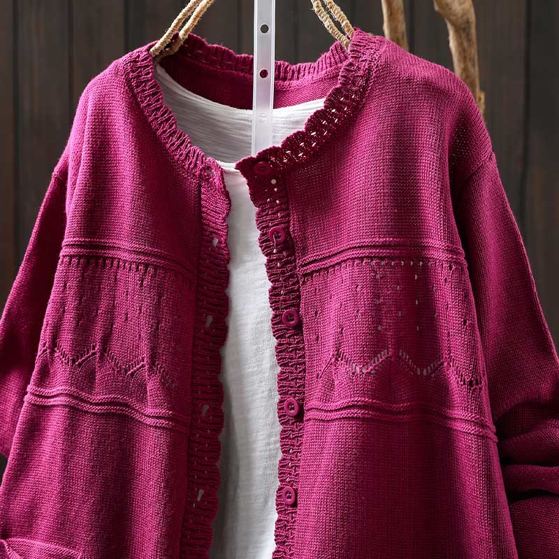 Cardigan lavorato a maglia a maniche lunghe in cotone con bottoni in pizzo autunnale Buddha Stones da donna con tasche - Image 20