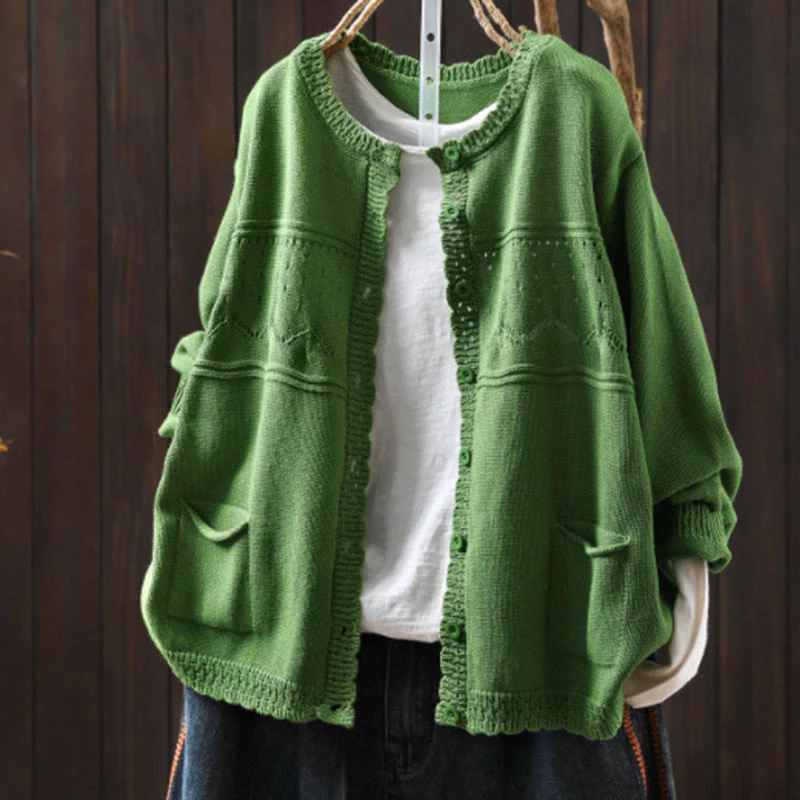 Cardigan lavorato a maglia a maniche lunghe in cotone con bottoni in pizzo autunnale Buddha Stones da donna con tasche - Image 21