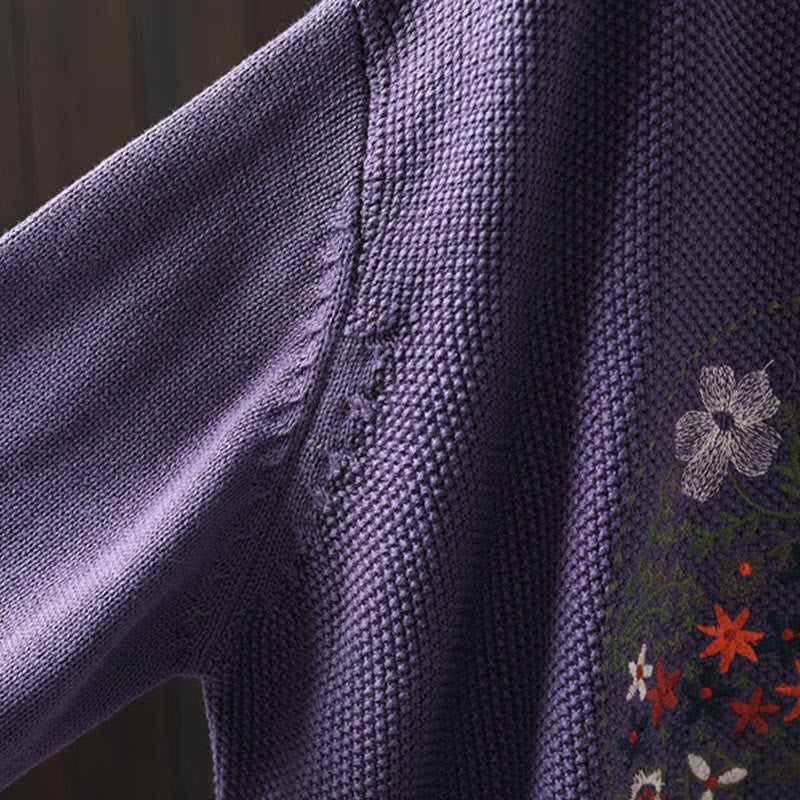 Cardigan lavorato a maglia a maniche lunghe in cotone con bottoni ricamati floreali con Buddha Stones da donna - Image 10