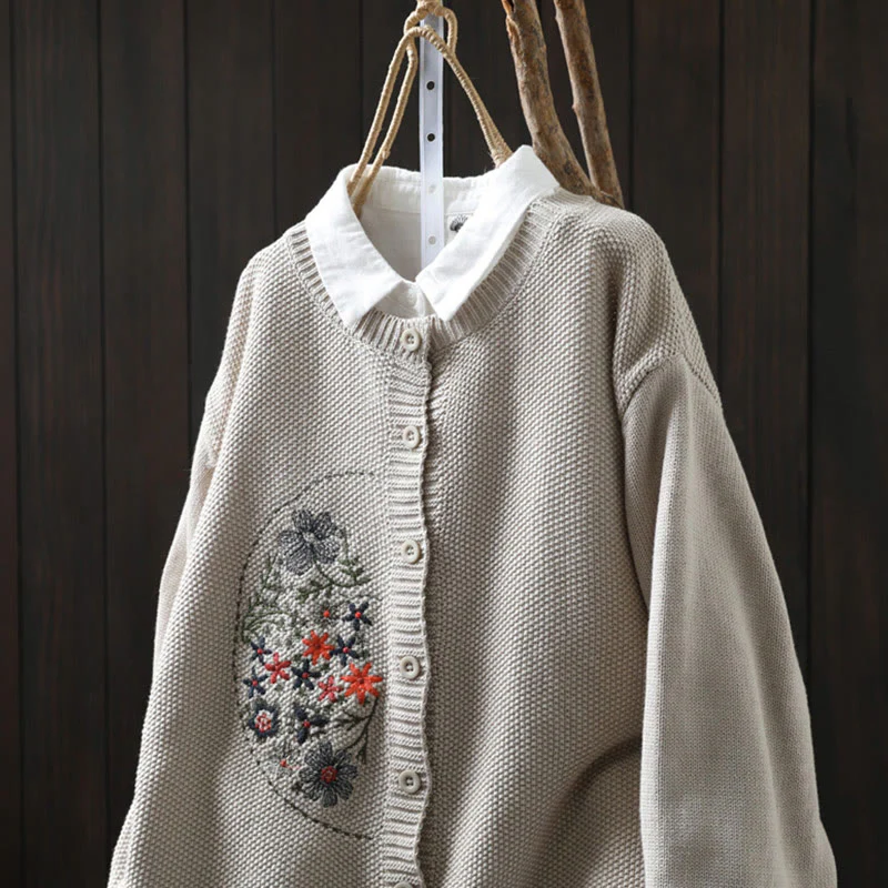 Cardigan lavorato a maglia a maniche lunghe in cotone con bottoni ricamati floreali con Buddha Stones da donna - Image 16