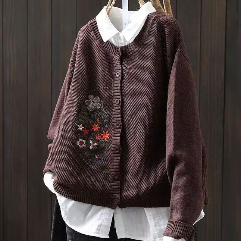 Cardigan lavorato a maglia a maniche lunghe in cotone con bottoni ricamati floreali con Buddha Stones da donna - Image 17