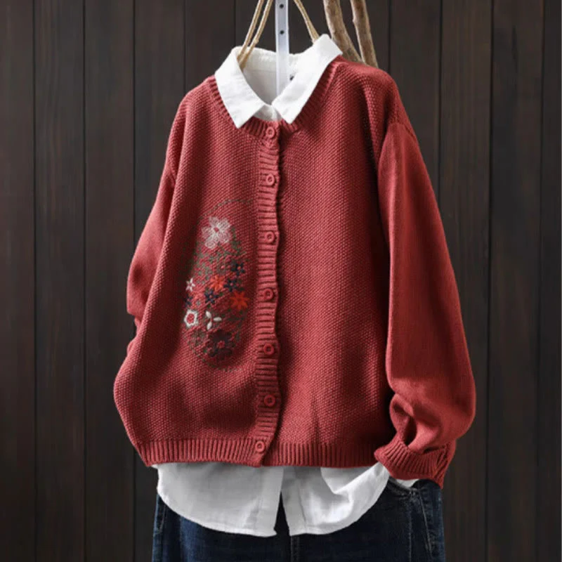 Cardigan lavorato a maglia a maniche lunghe in cotone con bottoni ricamati floreali con Buddha Stones da donna - Image 19