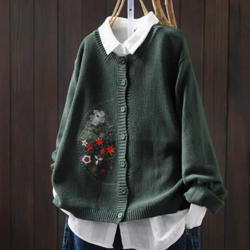 Cardigan lavorato a maglia a maniche lunghe in cotone con bottoni ricamati floreali con Buddha Stones da donna - Image 23