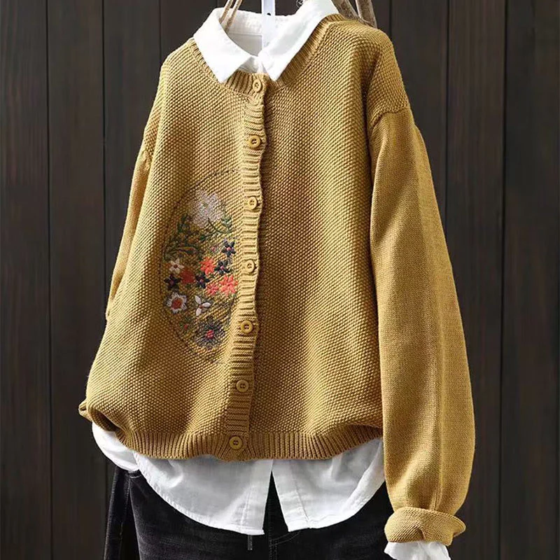 Cardigan lavorato a maglia a maniche lunghe in cotone con bottoni ricamati floreali con Buddha Stones da donna - Image 3