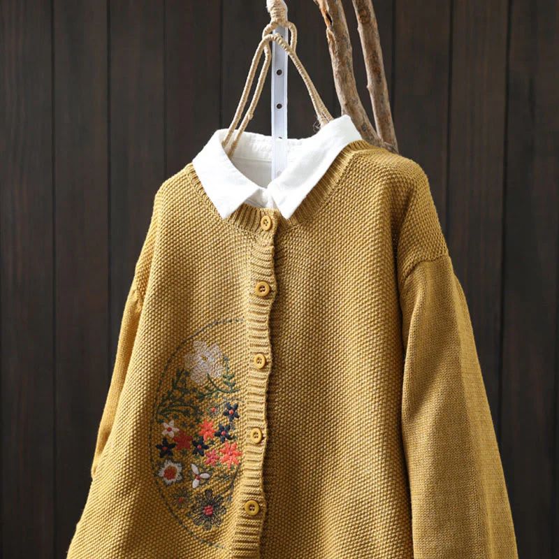 Cardigan lavorato a maglia a maniche lunghe in cotone con bottoni ricamati floreali con Buddha Stones da donna - Image 4