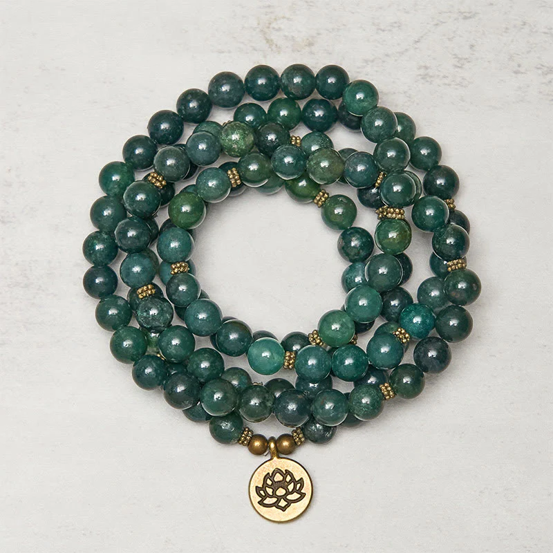 Ciondolo con perlina rotonda in agata muschiata, simbolo del loto , Buddha Stones, guarigione Mala