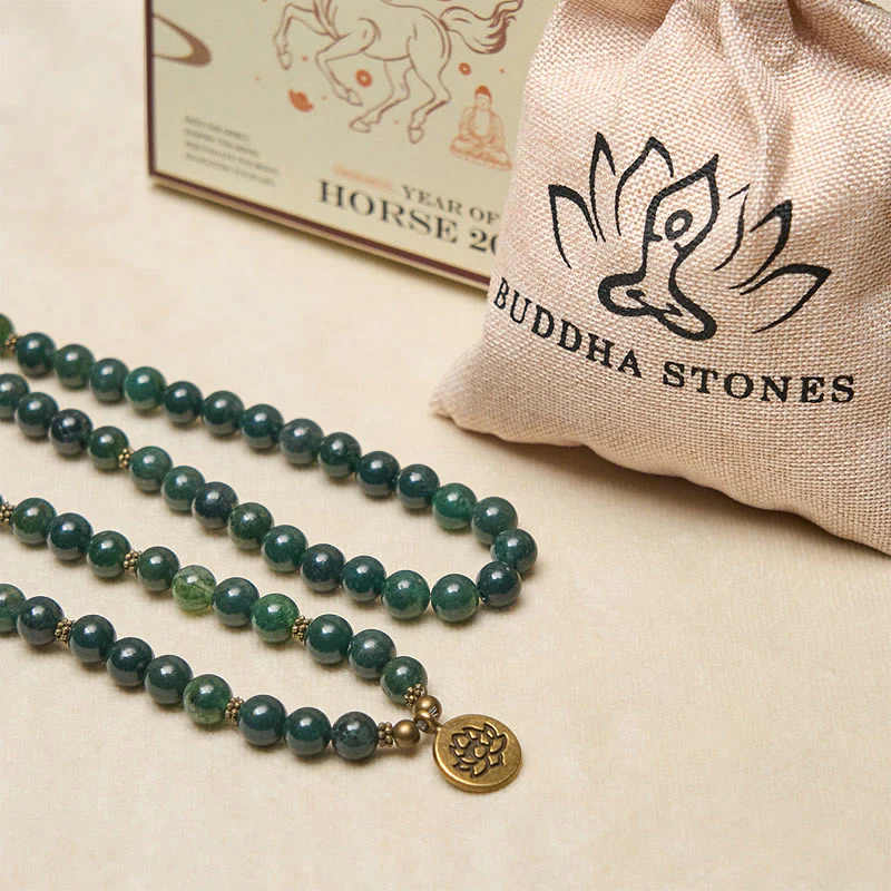 Ciondolo con perlina rotonda in agata muschiata, simbolo del loto , Buddha Stones, guarigione Mala - Image 6