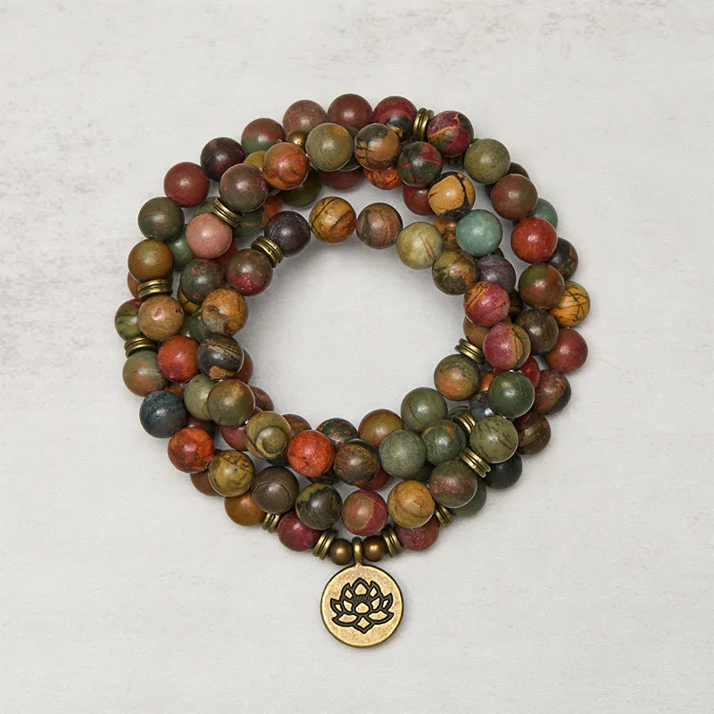 Ciondolo con perlina rotonda, simbolo del loto retrò, Buddha Stones, turchese rosso, mala caldo