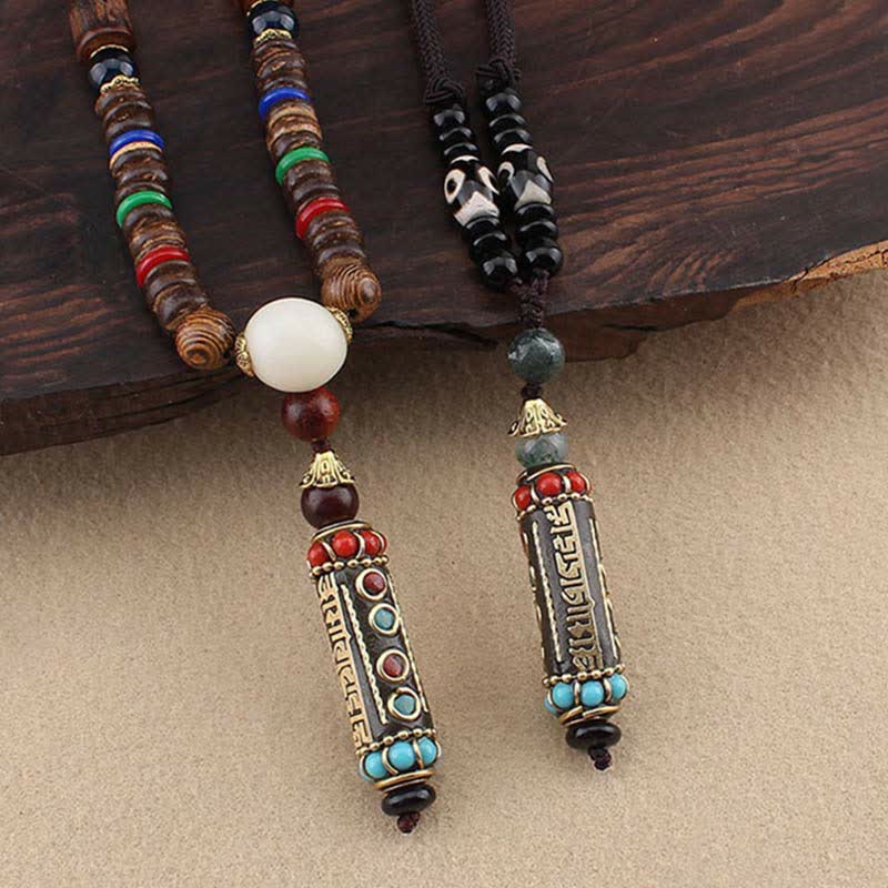 Ciondolo per collana in legno di wenge con Buddha Stones tibetano Om Mani Padme Hum Dzi - Image 3